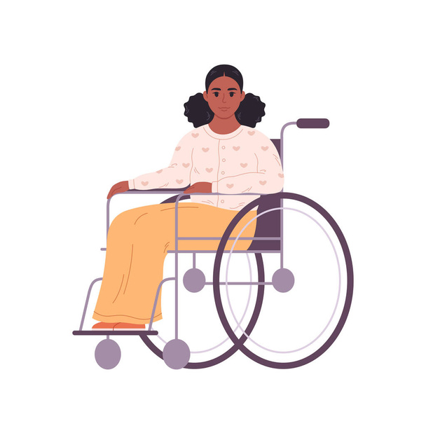 Молода чорношкіра жінка сидить у інвалідному кріслі. Жіночий персонаж з фізичною вадою. Векторне ілюстрація
 - Вектор, зображення