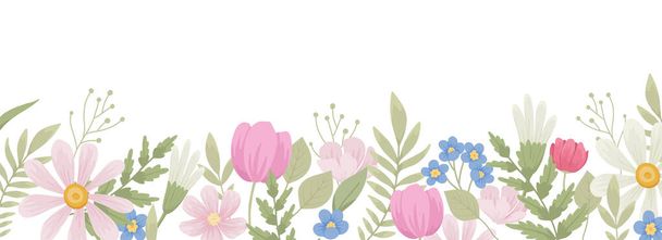 Floral border. Blossomed summer flowers, edge decoration, banner. Spring field and meadow blooming plants, beautiful wildflowers. Delicate floristic horizontal decor. Flat vector illustration. - Wektor, obraz