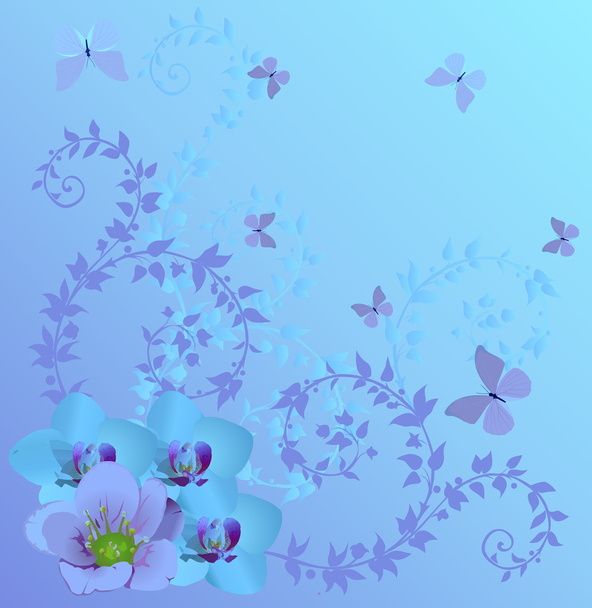 kék orchideák és lepkék - Vektor, kép