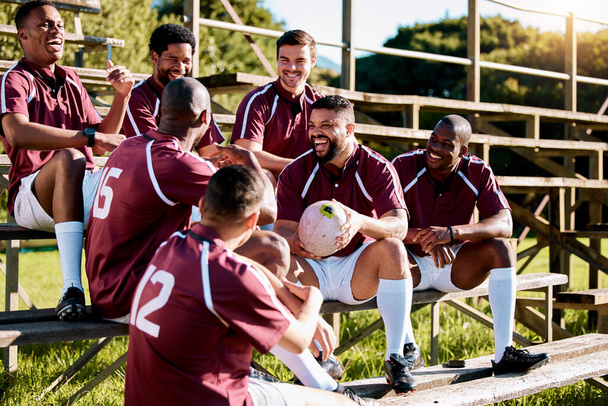 Sports, smile and rugby team on field ready for exercise, training and workout for sport competition. Fitness, teamwork and athletes talking, laughing and happy for match, game or practice on stand. - Foto, Imagen