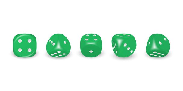 Vector 3d Realistic Green Game Dice with White Dots Icon Set Closeup Isolated on White Background. Game Cubes for Gambling in Different Positions, Casino Dices, Round Edges. - Vector, imagen