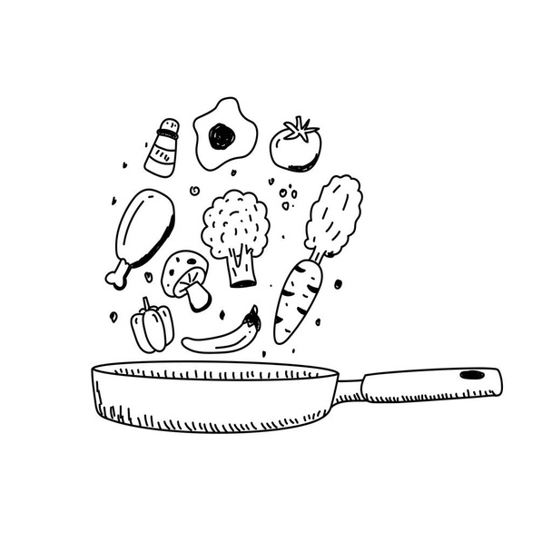 Żywność mieszanie w rysunek wektor patelni w stylu doodle nadaje się do gotowania ilustracji - Wektor, obraz