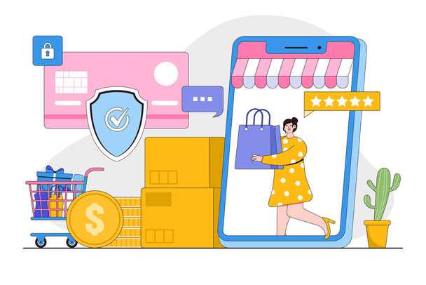 Online-Shopping in den sozialen Medien App-Konzept mit Menschen Charakter. Smartphone mit Einkaufstasche, Chat-Nachricht, Lieferung, 24 Stunden. Geeignet für Werbung für digitale Shops, Web und Werbung. - Vektor, Bild
