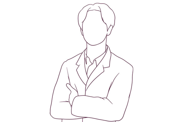 A serious young male doctor standing with crossed arms in a hand drawn vector illustration - Vector, imagen