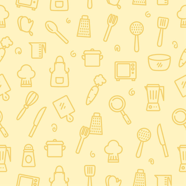 Кухня и приготовление пищи бесшовный узор в милом стиле каракули с желтым цветом подходит для фона - Вектор,изображение