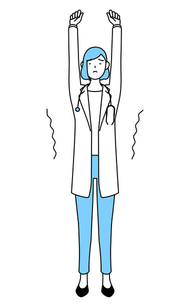 Uma mulher médica de casaco branco esticando e de pé alto. - Vetor, Imagem