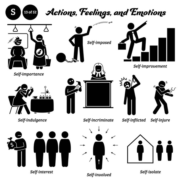 Stick figure human people man action, feelings, and emotions icons alphabet S. Self, importance, imposed, improvement, indulgence, incriminate, inflicted, injure, interest, involved, and isolate. - Vector, imagen