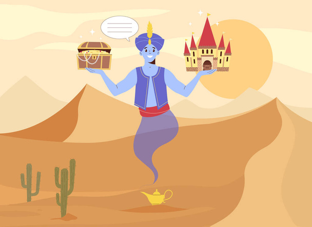 Fairy tale flat composition with desert scenery and flying jinn character holding treasures with thought bubble vector illustration - Vettoriali, immagini
