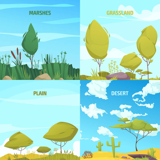 Ecosystem types cartoon set with marshes and grassland system compositions isolated vector illustration - Vector, afbeelding