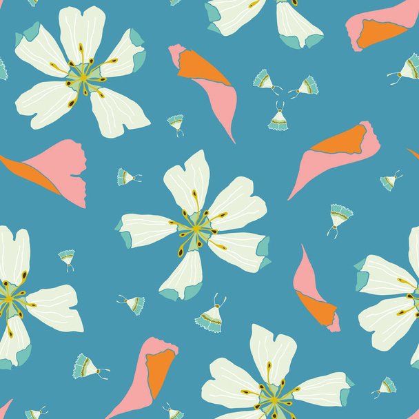 Διάνυσμα μπλε χωρίς ραφή μοτίβο: Περιστρεφόμενα πέταλα. Φωτεινά άνθη αιωρούνται ανάμεσα σε ροζ πέταλα και μικροσκοπικές πεταλούδες σε ένα μεσαίο μπλε φόντο. Ιδανικό για γυναικεία ενδύματα. Μέρος της πρώτης συλλογής λουλουδιών. - Διάνυσμα, εικόνα