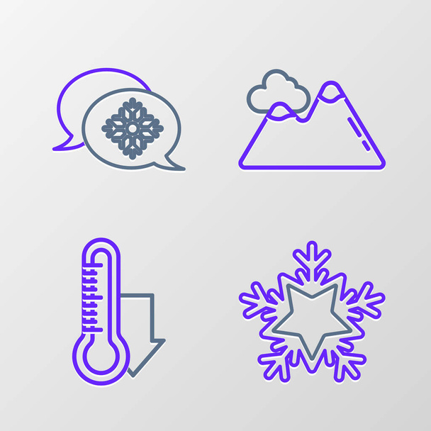 Set line Snowflake Meteorology thermometer measuring Mountains and with speech bubble icon. Vector. - Vektori, kuva