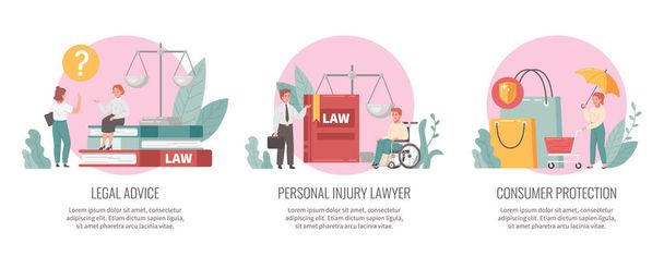 法律サービスシンボルで設定された弁護士漫画の組成物は、ベクトルイラストを隔離 - ベクター画像