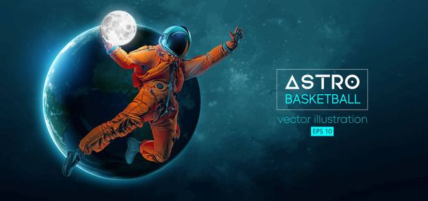 Астронавт баскетболіста в космічній дії і Землі, планети Місяця на задньому плані космосу. Вектор - Вектор, зображення