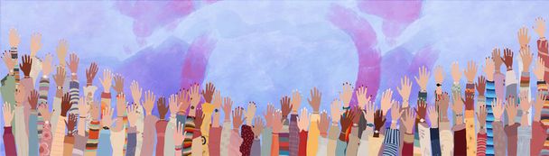 Many raised hands and arms of multicultural women. International Womens day. Equality Allyship. Female social community of diverse culture. Empowerment or inclusive. Banner copy space - Foto, Imagem