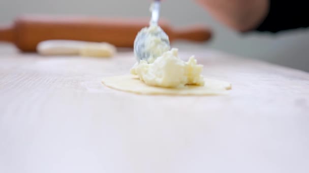 with a teaspoon, curd mass is placed on the dough rolled out on the table. female hand baking. making homemade pies with cottage cheese. delicious healthy food for children. a lot of toppings. - Video, Çekim