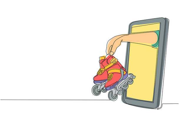 Jeden řádek kreslení hráč ruka drží váleček čepele přes mobilní telefon. Smartphone s kolečkovými hrami app. Mistrovství v mobilním sportu. Moderní grafický vektor pro návrh spojité čáry - Vektor, obrázek