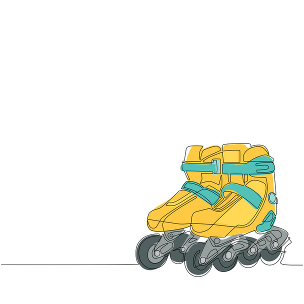 Ενιαία μία γραμμή σχέδιο ζευγάρι παλιά ρετρό πλαστικά quad roller skate παπούτσια. Υγιής αθλητική έννοια. Vintage κλασικό inline πατινάζ αθλητισμού εξοπλισμού εκκίνησης. Διάνυσμα σχεδίασης συνεχούς γραμμής - Διάνυσμα, εικόνα