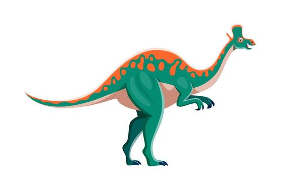 Cartoon Lambeosaurus postać dinozaura. Wymierająca jaszczurka, starożytny potwór lub mezozoiczne era izolowane zwierzę z grzebieniem. Paleontologia gad, roślinożerny wektor dinozaurów zabawna osobowość - Wektor, obraz