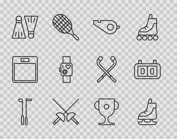 Set line Golf club, Skates, Whistle, Fencing, Rubber flippers for swimming, Smart watch showing heart beat rate, Award cup and Sport mechanical scoreboard icon. Vector - Vector, Image