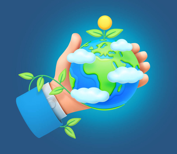 Día de la Tierra, planeta globo con boquillas y flor en flor cubierta de nubes, en la mano de la persona. Protección de la naturaleza y conciencia ecológica. 3d estilo vector ilustración - Vector, Imagen