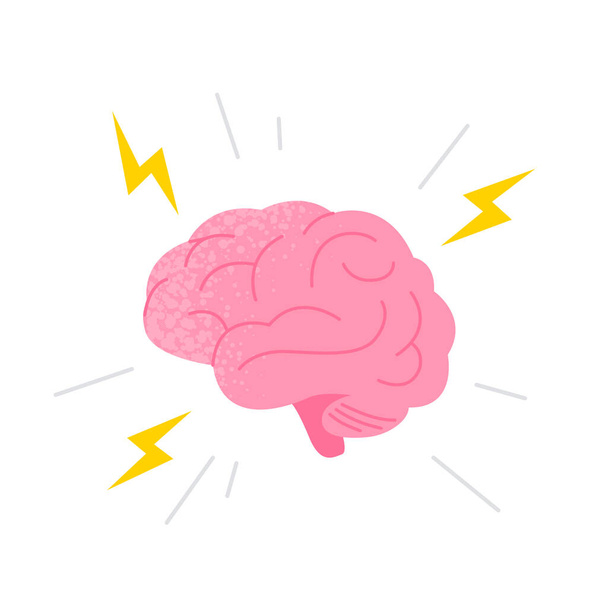 Human brain illustration. Brain with flashes of lightning and rays. Finding an idea or solving a problem. Vector flat illustration isolated on the white background. - Vetor, Imagem