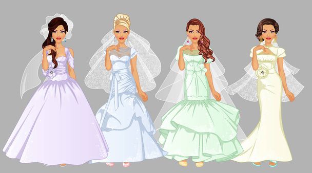 Sada roztomilé nevěsty kreslené postavičky na sobě svatební šaty a závoje. Vektorová ilustrace - Vektor, obrázek