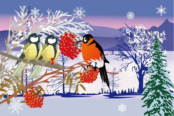 snow landscape and birds - Vector, Image