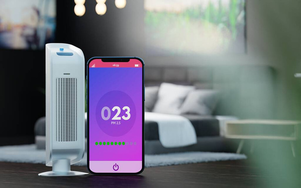 An air purifier and a phone with an application about air pollution in the background of a room, bedroom. Healthcare center, care for clean air. 3d rendering, 3d illustration. - Photo, Image