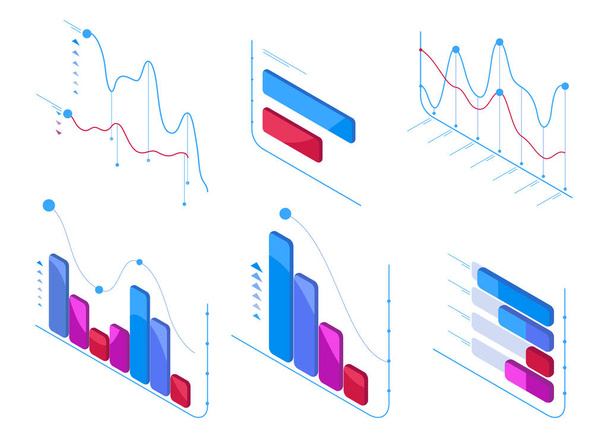 Isometric data analysis charts. Statistic diagram, 3d futuristic chart elements, infographic symbols illustration set - Vector, Image