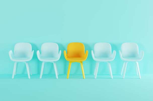 Синий и оранжевый стулья в ряд на стене на синем фоне. Концепция комнаты ожидания, ожидание. 3D рендеринг, 3D иллюстрация. - Фото, изображение