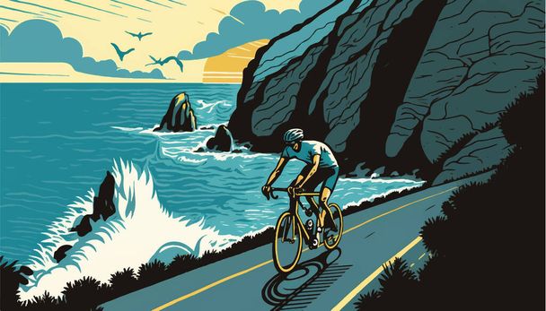 Велосипедист едет по дороге в океан. Пейзаж гор. Векторная иллюстрация - Вектор,изображение