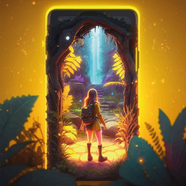 The girl looks at the magical luminous gate. 3d cartoon illustration of game place. . Vector illustration - Vecteur, image