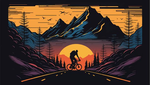 日没の山の中で、道路上のサイクリスト。ベクターイラスト - ベクター画像
