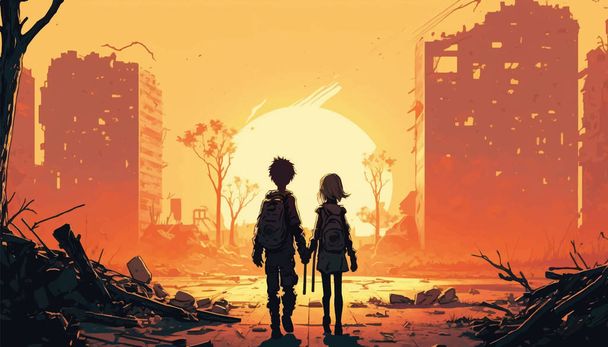 Ілюстрація хлопчика і дівчинки, що тримається за руки, дивлячись на зруйноване місто. Векторні ілюстрації
 - Вектор, зображення
