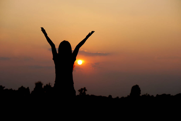 silhouette of human hand raised to make a wish, sunset background - Zdjęcie, obraz