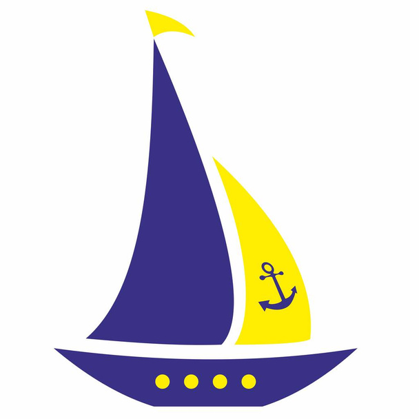 Segelboot, blaue und gelbe Farbe, Form, Vektorillustration auf weißem Hintergrund, isoliertes Objekt - Vektor, Bild