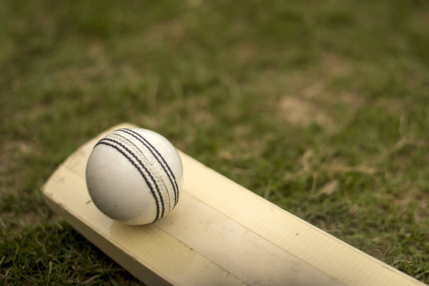 Cricket bat and ball on playing grass field pitch - Φωτογραφία, εικόνα