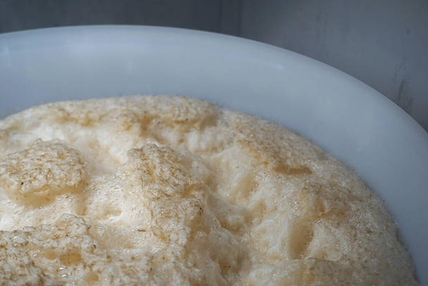Beer yeast in round plastic fermenter - home brewing concept - Photo, Image