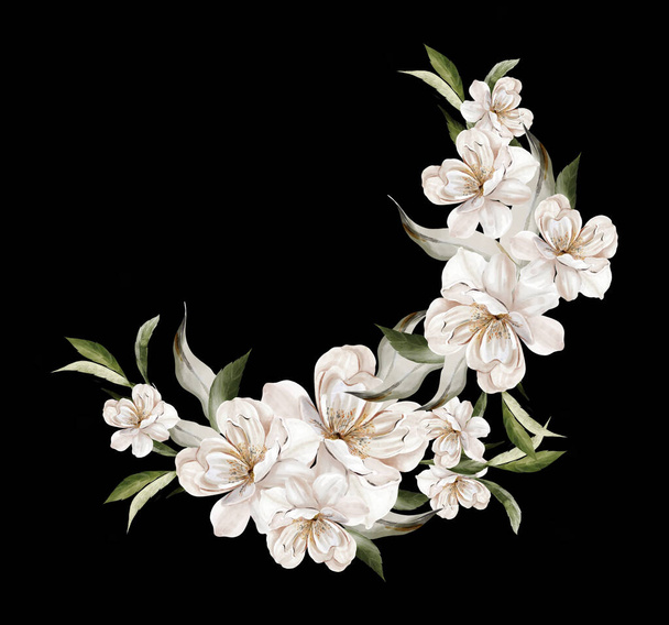 Couronne de fleurs de cerisier, feuilles vertes. Carte de mariage floral. illustration aquarelle - Photo, image