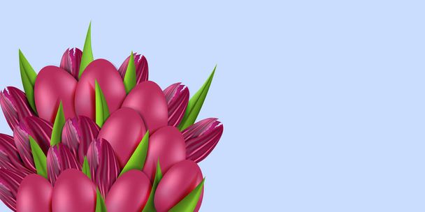 ベクトルイラスト。テキストのコピースペースを持つ祭イースターの背景。3Dオブジェクトと現実的な背景、イースターの装飾:紫色のチューリップ、緑の葉、青と紫のイースターの卵の花束. - ベクター画像