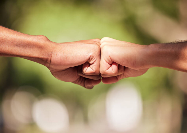 Fist bump, hands and teamwork, support or collaboration for team building, solidarity or unity. Hand connection, partnership or greeting, thank you or motivation for success, goal or targets outdoors. - Foto, imagen