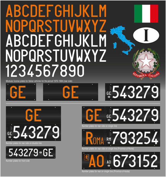 Olaszország, autó rendszám vintage minta, évek 1976-1984, szimbólumok, számok és betűk, vektor illusztráció - Vektor, kép