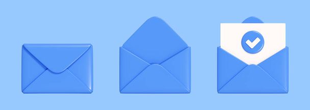 Letter 3d render set - blue envelope collcetion closed and open with paper. Sending newsletter or subscription concept. Icons for sending message by mail. - 写真・画像