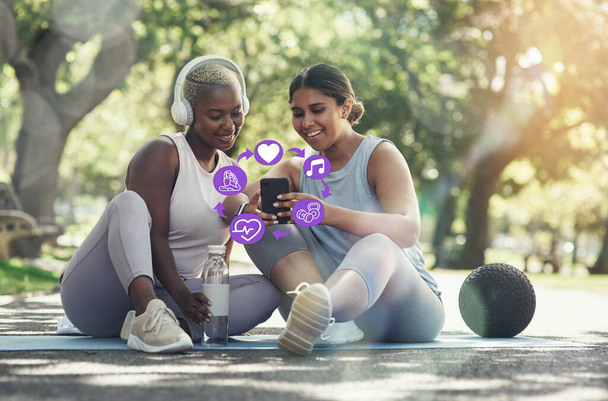 Smartphone, app icons and fitness with women and yoga with exercise application for weightloss. Social media, overlay and health with pilates, headphones and music with friends, real and plus size. - Fotoğraf, Görsel