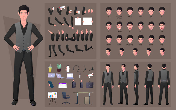 Character Creation Kit or DIY Set with Business Man In Formal Clothing, Face Gestures, lip sync, Office Items and Body Parts - ベクター画像