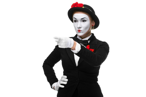 Portrait of mime with pointing finger - Zdjęcie, obraz