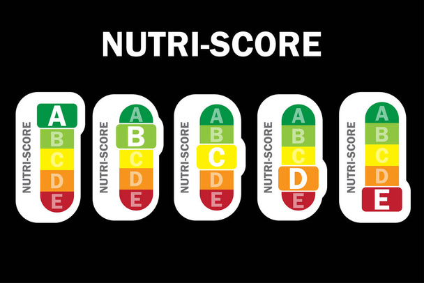 bunte Verpackung mit Nutri-Score. Set aus verschiedenen hervorgehobenen Buchstaben. Vektorabbildung. EPS 10. - Vektor, Bild