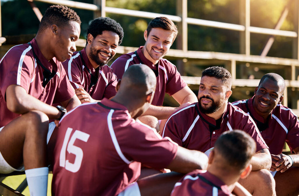 Rugby, men and sports team talking, relax and share ideas for training at a field. Fitness, friends and man group discuss game strategy before match, workout and planning, preparation and huddle. - Foto, Imagen