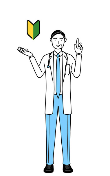 Male doctor in white coats with stethoscopes, senior, middle-aged veterans showing the symbol for young leaves. - Vecteur, image