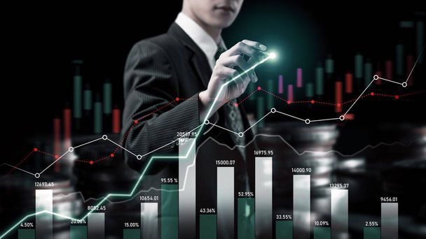 Businessman analyst working with digital finance business data graph showing technology of investment strategy for perceptive financial business decision. Digital economic analysis technology concept. - 写真・画像